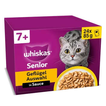 Whiskas Senior Katzenfutter-Packung (7+) zeigt eine graue Katze, eine Schüssel mit Geflügel in Sauce; Text: 'Geflügel Auswahl in Sauce' und '24 x 85 g'.