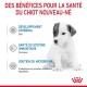 Un mignon petit chiot avec un pelage blanc et noir. Le texte énumère les bienfaits pour la santé : DHA, vitamines, prébiotiques et protéines pour les nouveau-nés.