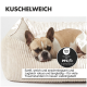 Orthopädisches Hundebett mit Memory-Schaum-Technologie, gepolsterten Seitenkissen und einem braunen Hund, der darauf sitzt.