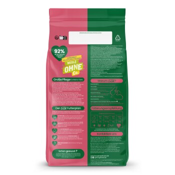 Rosa-grüner Burgess Excel Kaninchenmüsli-Beutel mit der Aufschrift 'MÜSLI OHNE Co.', '92% der UK-Tierärzte empfehlen Excel' und sichtbarem Fütterungsdiagramm.