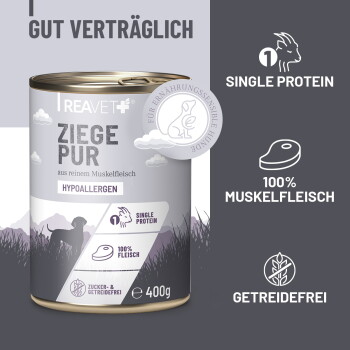 Dose Ziegenfleisch-Hundefutter mit Fütterungsempfehlungen und Text "100% Fleisch ohne Innereien".