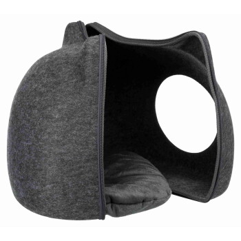 Dark gray felt cat cave with round side entrance, zippered front opening and removable plush cushion