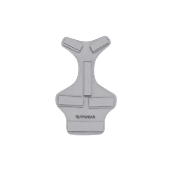 Grauem Hundegeschirr von Ruffwear, mit verstellbaren Riemen und einem atmungsaktiven Mesh-Design.