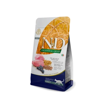 Sac de nourriture pour chats N&D Ancestral Grain avec recette d'agneau, épeautre, avoine et myrtille ; étiqueté pour les chats adultes avec des détails nutritionnels.