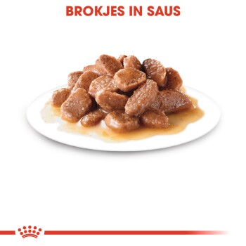 Brokjes in saus, een bord met vochtige, vleesachtige stukjes in jus, weergegeven op een wit bord met een rood kroonlogo onderaan.