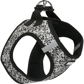 Ein stilvolles Hundegeschirr mit schwarz-weißen Mustern und einem Mesh-Design, mit einem Metall-D-Ring zur Leinenbefestigung.