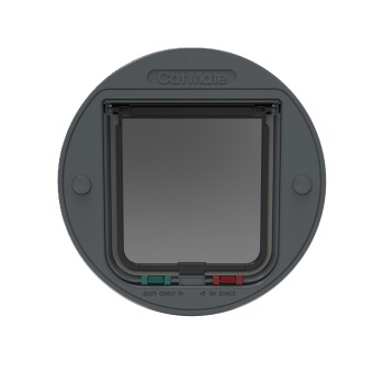 Katze Mate Katzenklappe in Grau, mit einer transparenten Klappe und Richtungskontrollen, die unten mit 'OUT ONLY' und 'IN ONLY' beschriftet sind.