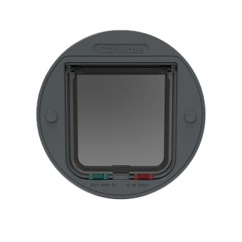 Katzenklappe für Glas mit manueller 4-Wege-Verriegelung – (210) grau Katze Mate Katzenklappe in Grau, mit einer transparenten Klappe und Richtungskontrollen, die unten mit 'OUT ONLY' und 'IN ONLY' beschriftet sind.