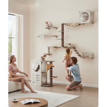 Ein moderner Spielbereich für Haustiere mit einem wandmontierten Katzenbaum mit Regalen, einem gemütlichen Katzenhaus und einem Kind, das von einem Erwachsenen hochgehoben wird, während Katzen spielen.