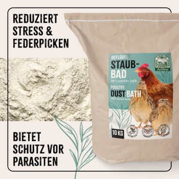 Beutel für Geflügelstaubbad mit einer Henne und einer Wachtel, beschriftet mit "100% natürliche Zeolith," fördert Stressabbau und Parasitenabwehr.