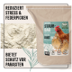 Beutel für Geflügelstaubbad mit einer Henne und einer Wachtel, beschriftet mit "100% natürliche Zeolith," fördert Stressabbau und Parasitenabwehr.
