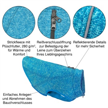 Blaue Haustierjacke aus Fleece mit plüschigem Innenfutter, mit einem Reißverschluss für die Leinenbefestigung und reflektierenden Details für Sicherheit.