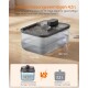 Grau halbtransparenter Haustier-Wasserbrunnen mit oberem Auslauf, beschriftet 'Großes Fassungsvermögen 4,5 L', Abmessungen und '4,5 L vs 2,2 L'.