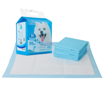 Packung mit 20 mittleren Trainingsunterlagen für Hunde, mit einem lächelnden Hund auf der Schachtel, neben mehreren blauen Unterlagen.