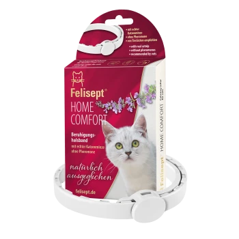 Verpackung des Felisept HOME COMFORT Beruhigungshalsbands für Katzen, weißes Kunststoffhalsband, Katzenfoto und sichtbarer Text 'Felisept HOME COMFORT'.