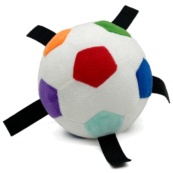 Weißer Plüsch-Spielball für Haustiere mit mehrfarbigen Flecken und vier schwarzen Nylon-Zugbändern.