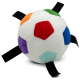 Weißer Plüsch-Spielball für Haustiere mit mehrfarbigen Flecken und vier schwarzen Nylon-Zugbändern.