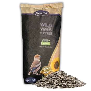 Eine Tüte Lyra Pet Wild Vogel Futter Vogelfutter mit einer bunten Vogelillustration, "100% natürlich" und "10 Jahren Beste Qualität," plus Sonnenblumenkerne.