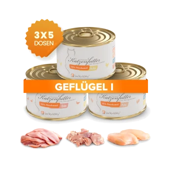 Drei Lucky-Kitty Geflügeldosen mit Beschriftungen 'GEFLÜGEL I', '3x5 DOSEN' und '95% Fleischanteil', darunter rohes Huhn/Ente/Pute.