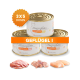 Drei Lucky-Kitty Geflügeldosen mit Beschriftungen 'GEFLÜGEL I', '3x5 DOSEN' und '95% Fleischanteil', darunter rohes Huhn/Ente/Pute.