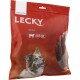Rote Verpackung von LECKY Hundeleckerlis mit einem glücklichen Hund mit blauen Augen, beschriftet mit "Bull-Kau" und "100% NATURAL."