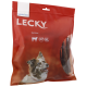Emballage rouge de friandises pour chiens LECKY avec un chien heureux aux yeux bleus, étiqueté 'Bull-Kau' et '100% NATUREL.'