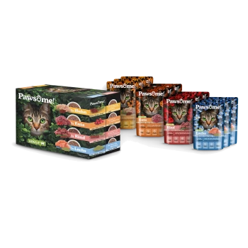 Pawsöme! Katzenfutter-Variationspackung mit einer Box mit 12 Beuteln (je 3 von Huhn, Ente, Rind und Lachs) und einzelnen Beuteln mit dem Gesicht einer Katze.