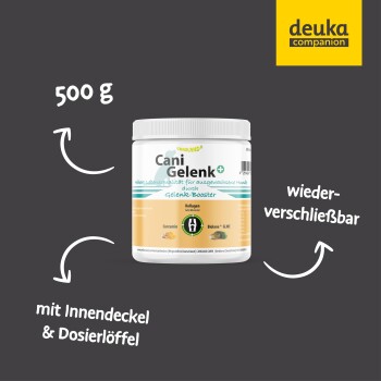 Cani Gelenk+ Gelenkergänzung für Hunde in einem 500g Behälter, mit ernährungsphysiologischen Vorteilen wie Kollagen und Curcumin, mit einem wiederverschließbaren Deckel.