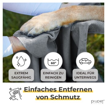 Eine Person hält ein graues Haustierhandtuch mit einem Hundepfotenabdruck darauf. Text hebt hervor: 'Extrem saugfähig', 'Einfach zu reinigen', 'Ideal für unterwegs.'
