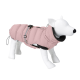 A plush, pink dog coat displayed on a white mannequin dog, featuring a high collar and adjustable straps.