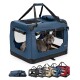 Tragbare Haustierbox in Blau mit Netzfenstern und einem weichen Innenraum, präsentiert mit Optionen in Grau, Rot, Beige und Schwarz.