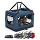 Tragbare Haustierbox in Blau mit Netzfenstern und einem weichen Innenraum, präsentiert mit Optionen in Grau, Rot, Beige und Schwarz.