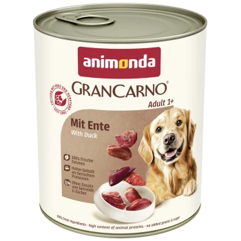 Dose Animonda GranCarno Adult 1+ Hundefutter mit Ente, zeigt einen glücklichen Golden Retriever und Fleischstücke.