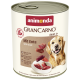 Dose Animonda GranCarno Adult 1+ Hundefutter mit Ente, zeigt einen glücklichen Golden Retriever und Fleischstücke.