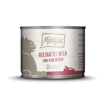 Dose MJAMJAM Katzenfutter mit der Aufschrift 'Herzhaftes Wild und Kaninchen', Katzensilhouette und 'getreidefrei'