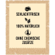 Symbol für Fleisch mit dem Text "Schlachtfrisch", Blätter mit "100% Natürlich" und ein durchgestrichenes chemisches Reagenzglas mit "Ohne Chemische Zusätze".