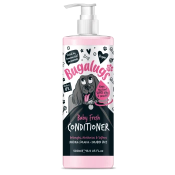 Rosa Flasche Bugalugs Baby Fresh Conditioner für Hunde, 500 ml, vegan, parabenfrei, hält das Fell seidig und glatt.