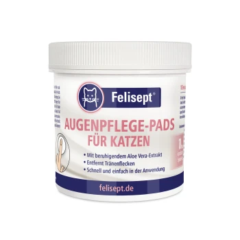 Glas mit Felisept-Augenpflege-Pads für Katzen, Aufschrift "AUGENPFLEGE-PADS FÜR KATZEN", Hinweis auf Aloe-Vera-Extrakt und felisept.de.