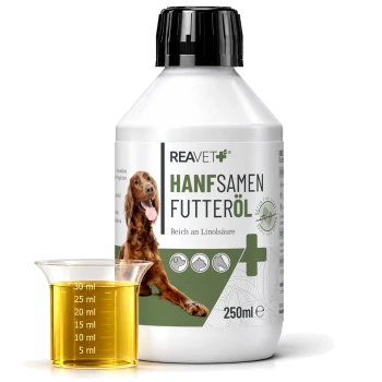 Flasche REAVET Hanföl Naturrein (Hanföl) für Hunde, 250ml, mit einem Messbecher, der gelbes Öl enthält, beschriftet mit "Reich an Linolsäure."