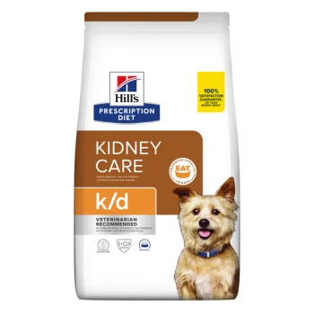 Hill's Prescription Diet Kidney Care k/d Hundefutterbeutel in Braun und Weiß, mit den Etiketten "Vom Tierarzt empfohlen" und "100% Zufriedenheitsgarantie."