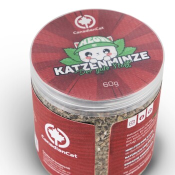 Behälter mit Katzenminze, beschriftet mit "Katzenminze Der gute Stoff" mit einer Cartoon-Katze, die einen grünen Hut trägt, 60g, von CanadianCat.