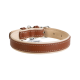 Brown leather dog collar with cream padding, white stitching and metal buckle, tag reading LOST!
