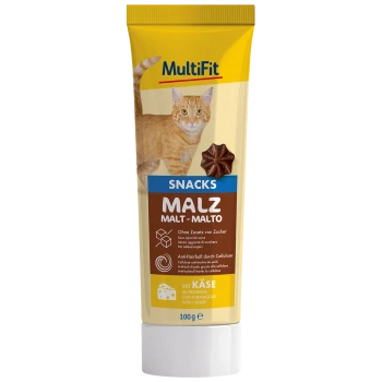 Tube of MultiFit cat snacks featuring a ginger cat, labeled "MALZ MALT-MALTO," with text highlighting no added sugars and anti-hairball benefits.