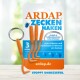 Orangefarbene Zeckenentfernungshaken in drei Größen, präsentiert auf einer blau-weißen Verpackung mit der Aufschrift "ARDAP ZECKEN HAKEN" und einem Webseitenlink.