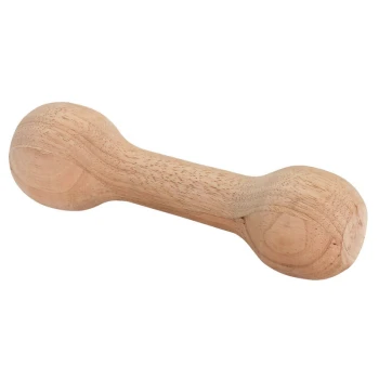 Jouet en bois pour chien en forme d'haltère, avec des extrémités lisses et arrondies et une finition en bois naturel.