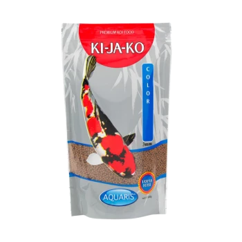 Premium Koi-Futterverpackung mit der Bezeichnung 'KI-JA-KO COLOR', mit einer bunten Koi-Fischgrafik, 3 mm Pelletgröße und 'AQUARIS'-Markierung.