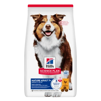 Hill's Science Plan Hundefutterbeutel — Mature Adult 7+ (Medium 11–25 kg), mit Huhn, 3 wesentlichen Vorteilen, braun-weißem Hund.