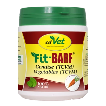 Behälter mit cdVet Fit-BARF Gemüse, beschriftet mit "100% Natur," mit grünem Deckel und bunten Grafiken, die natürliche Zutaten betonen.