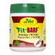 Behälter mit cdVet Fit-BARF Gemüse, beschriftet mit "100% Natur," mit grünem Deckel und bunten Grafiken, die natürliche Zutaten betonen.