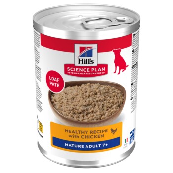 Boîte d'aliment pour chien Hill's Science Plan, pâté en tranche ; l'étiquette indique 'Recette saine au poulet, Adulte mature 7+'